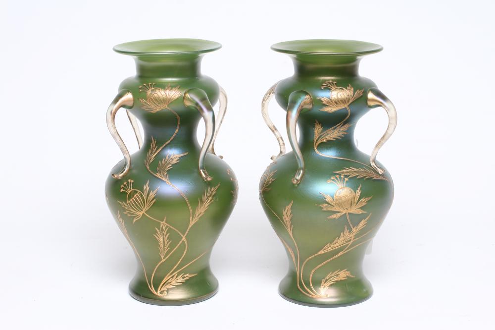 A PAIR OF ART NOUVEAU GLASS VASES of double inverted baluster form with four drawn and applied clear Image