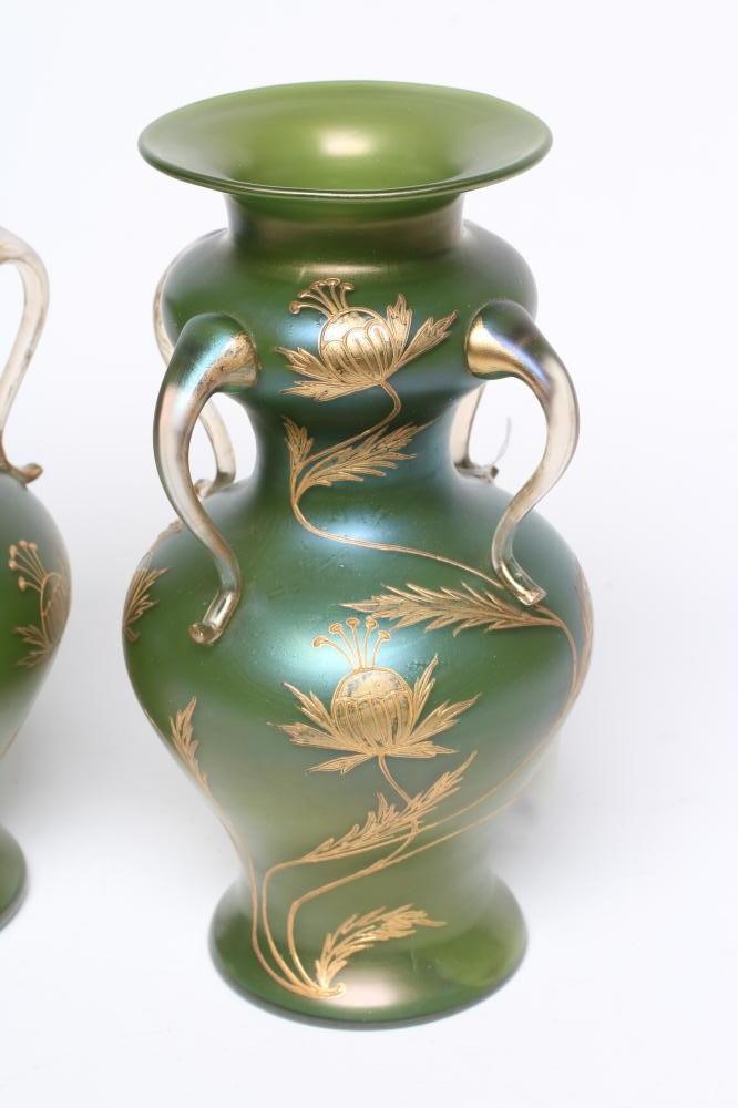 A PAIR OF ART NOUVEAU GLASS VASES of double inverted baluster form with four drawn and applied clear Image
