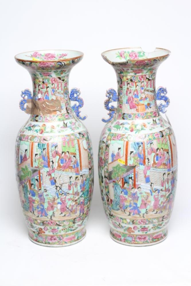 A PAIR OF CANTONESE PORCELAIN VASES of cylindrical form with waisted necks and scroll pierced Image