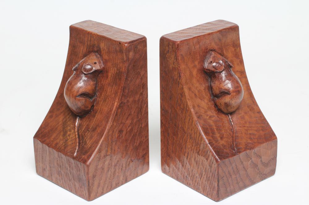 A PAIR OF ROBERT THOMPSON ADZED OAK BOOKENDS of square form Image
