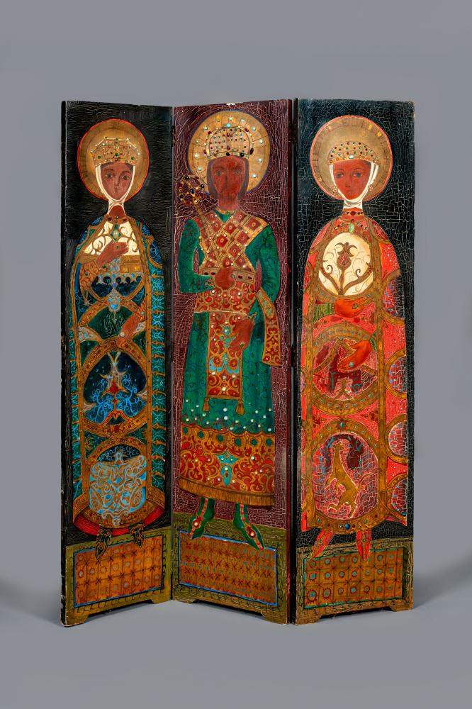 AN ARTS AND CRAFTS THREE FOLD PAINTED SCREEN painted in the Orthodox Church style with a full length Image