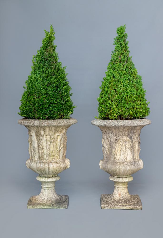 A PAIR OF MEDICI PATTERN COMPOSITION STONE URNS similar to previous lot (Est. plus 21% premium inc. Image