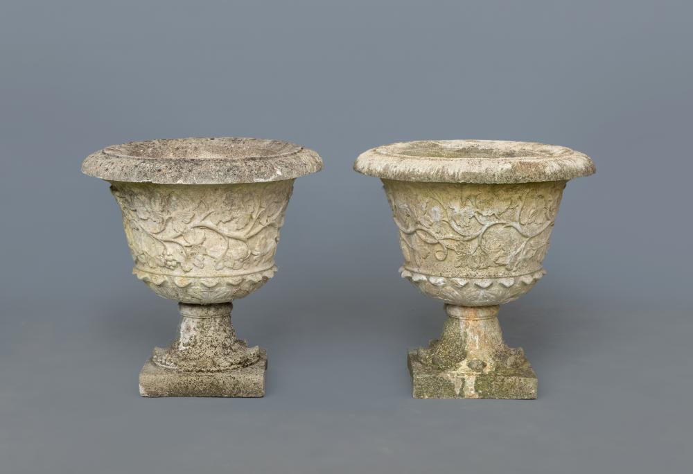 A PAIR OF HADDONSTONE FRENCH PATTERN COMPOSITION URNS Image
