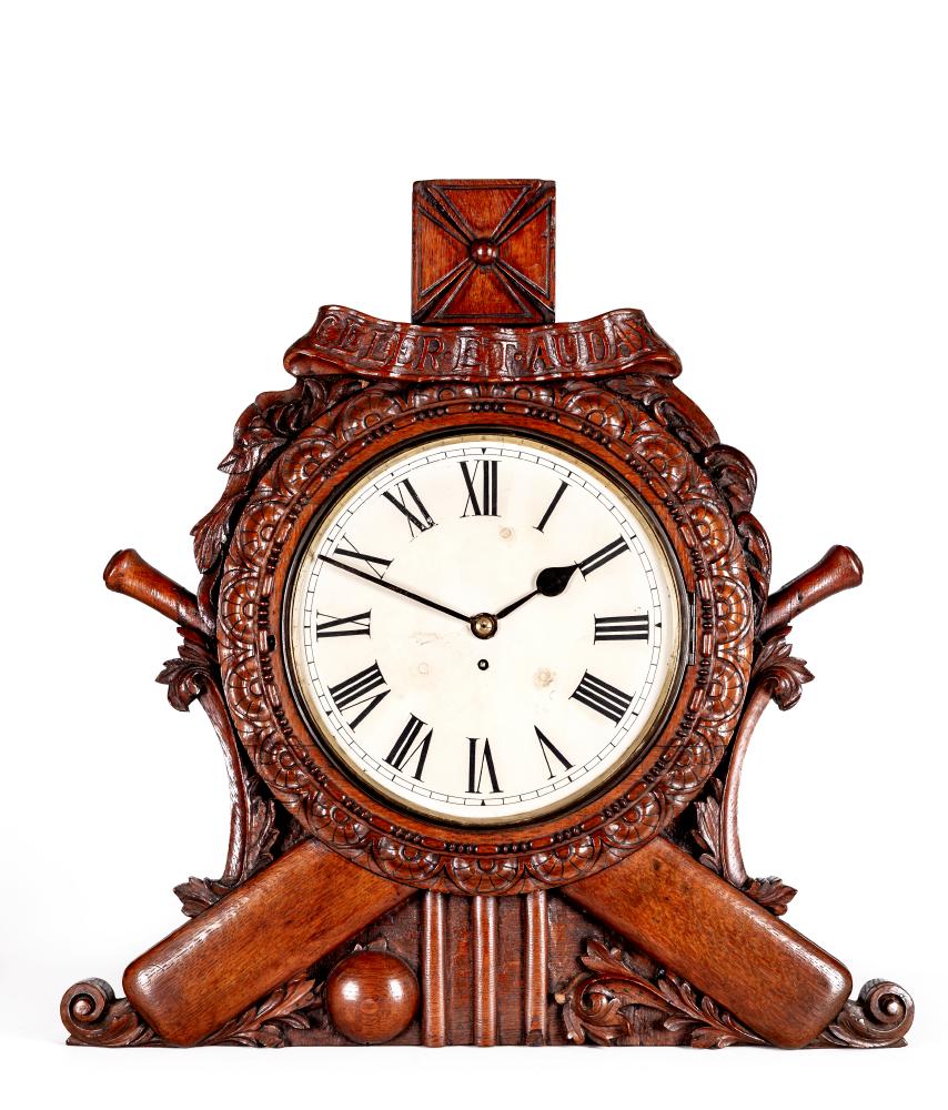 A VICTORIAN CRICKET THEMED OAK CASED WALL TIMEPIECE with single fusee movement Image