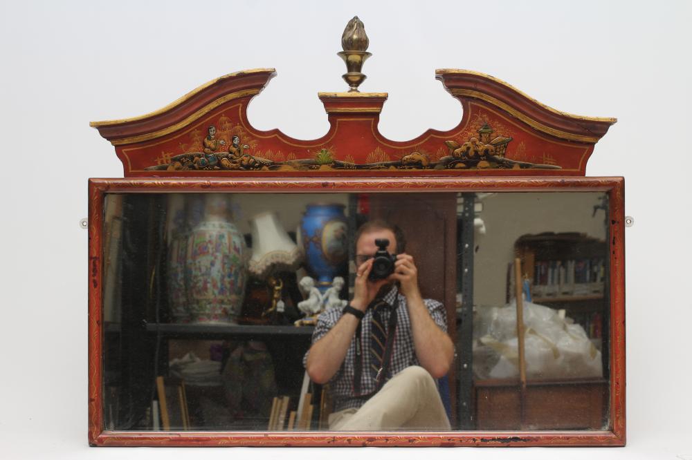 A RED LACQUERED CHINOISERIE OVERMANTEL MIRROR Image