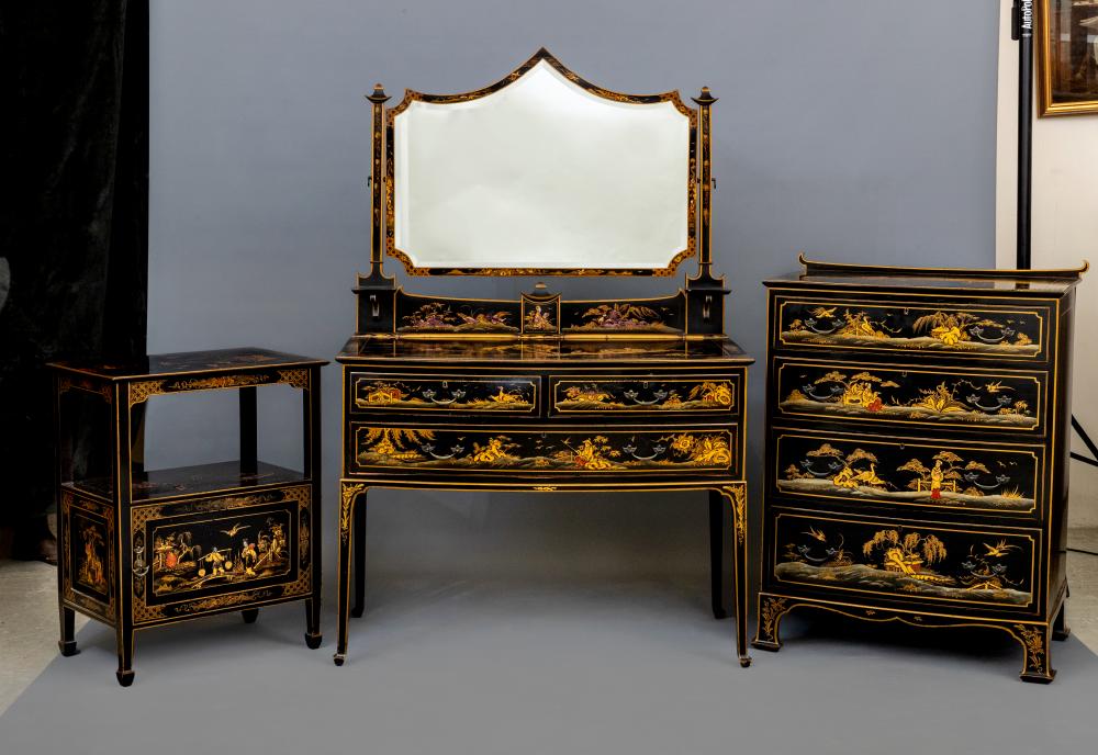 A CHINOISERIE BLACK LACQUERED TEN PIECE BEDROOM SUITE Image