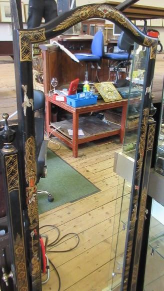 A CHINOISERIE BLACK LACQUERED TEN PIECE BEDROOM SUITE Image