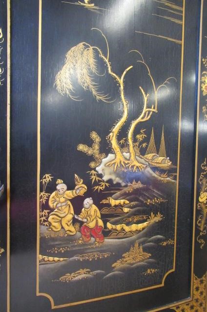 A CHINOISERIE BLACK LACQUERED TEN PIECE BEDROOM SUITE Image