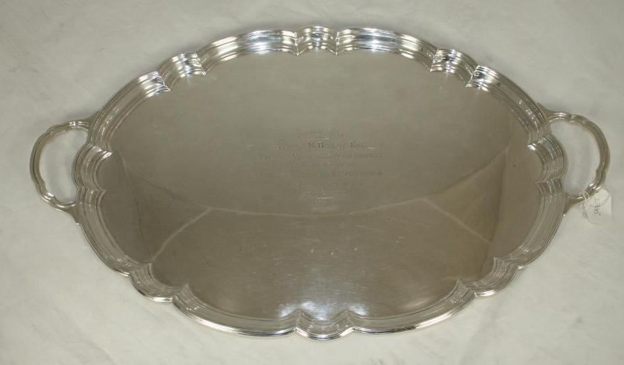 A SILVER TWO HANDLED TEA TRAY Image