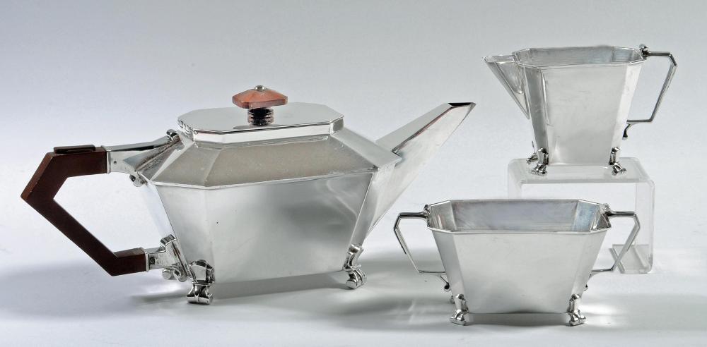 AN ART DECO SILVER THREE PIECE TEA SERVICE Image