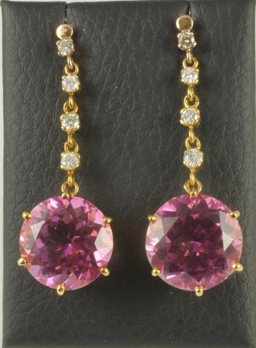 A PAIR OF PINK TOPAZ AND DIAMOND EAR PENDANTS Image