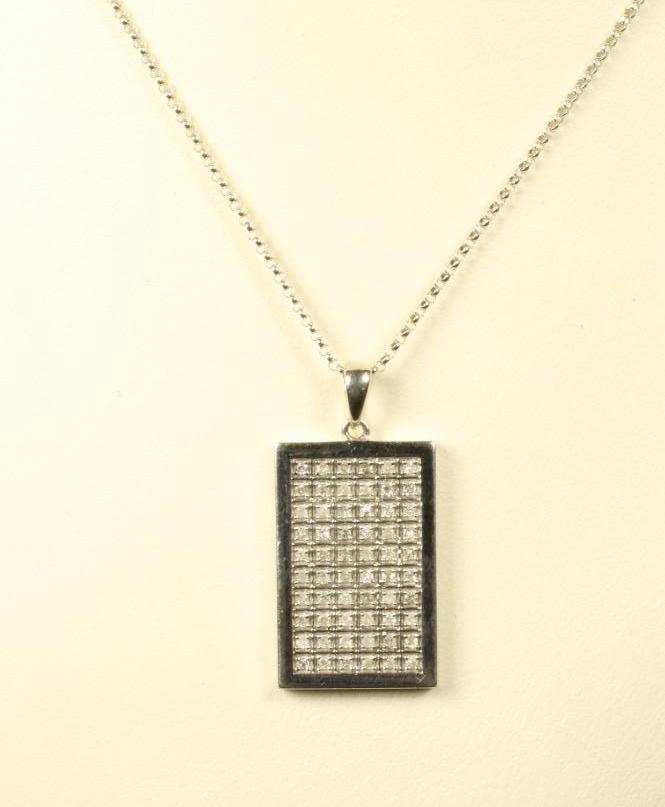A DIAMOND SET 9CT WHITE GOLD PENDANT of plain oblong form centrally bar set with ten rows of six Image