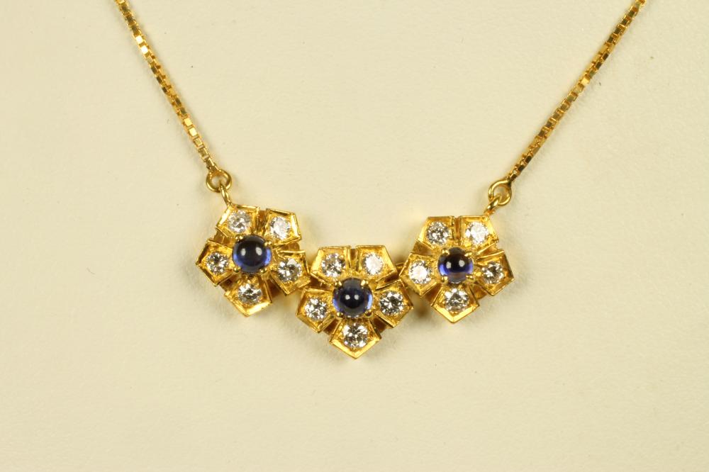 A SAPPHIRE AND DIAMOND TRIPLE FLOWERHEAD CLUSTER NECKLET on an 18ct gold fine box link chain Image