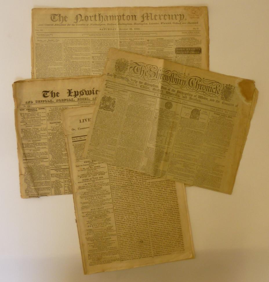 PROVINCIAL NEWSPAPERS: The Shrewsbury Chronicle 1798; Preston Chronicle 1838; Ipswich Journal 1825; Image