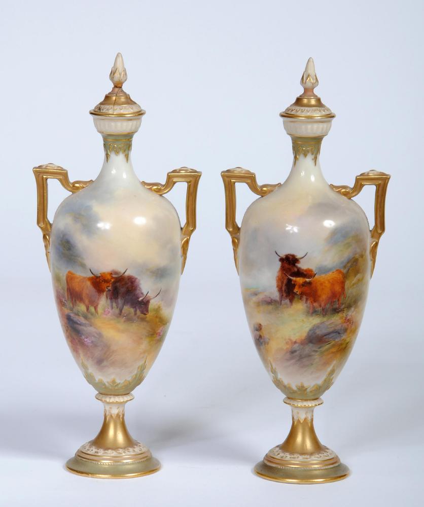 A PAIR OF ROYAL WORCESTER CHINA VASES AND COVERS Image