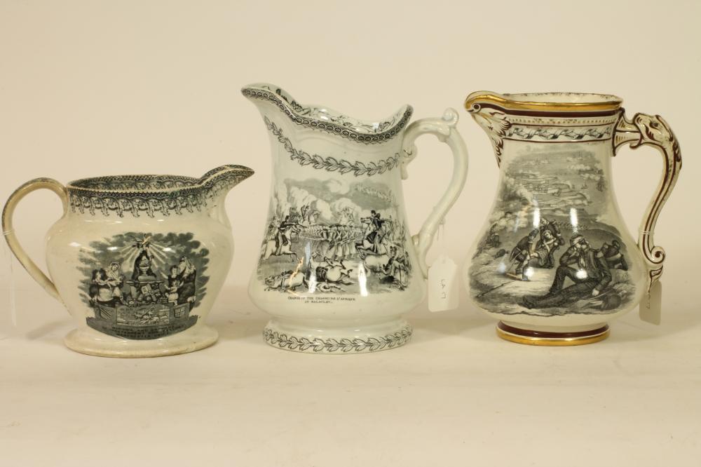 THREE VICTORIAN BLACK PRINTED EARTHENWARE COMMEMORATIVE JUGS comprising an S. Alcock "Royal Image
