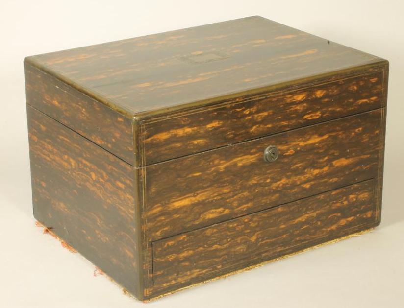 A VICTORIAN BRASS BOUND COROMANDEL TRAVELLING CASE of plain oblong form Image