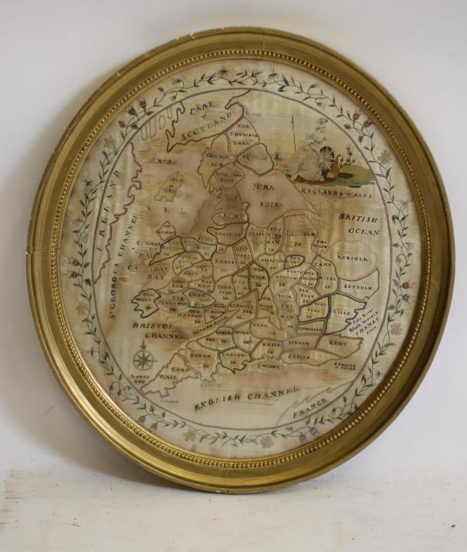 A SILK EMBROIDERED OVAL MAP OF ENGLAND AND WALES Image