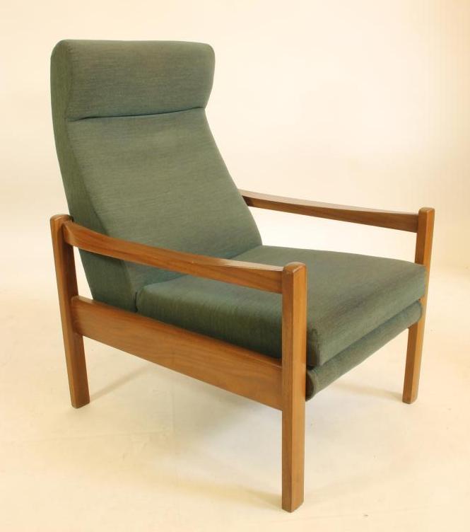 A DANISH DESIGN HARDWOOD RECLINING ARMCHAIR upholstered in a turquoise weave Image