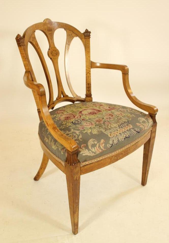 A VICTORIAN SATINWOOD AND FLORAL MARQUETRY BOUDOIR ELBOW CHAIR Image