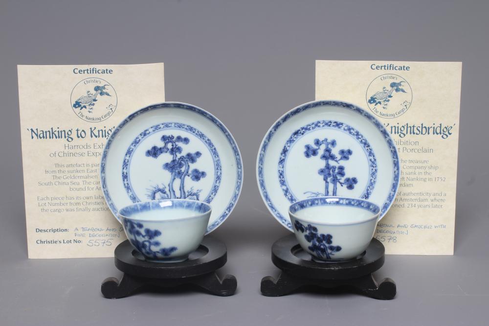 A PAIR OF NANKING CARGO CHINESE PORCELAIN SMALL TEA BOWLS AND SAUCERS each painted with a prunus Image