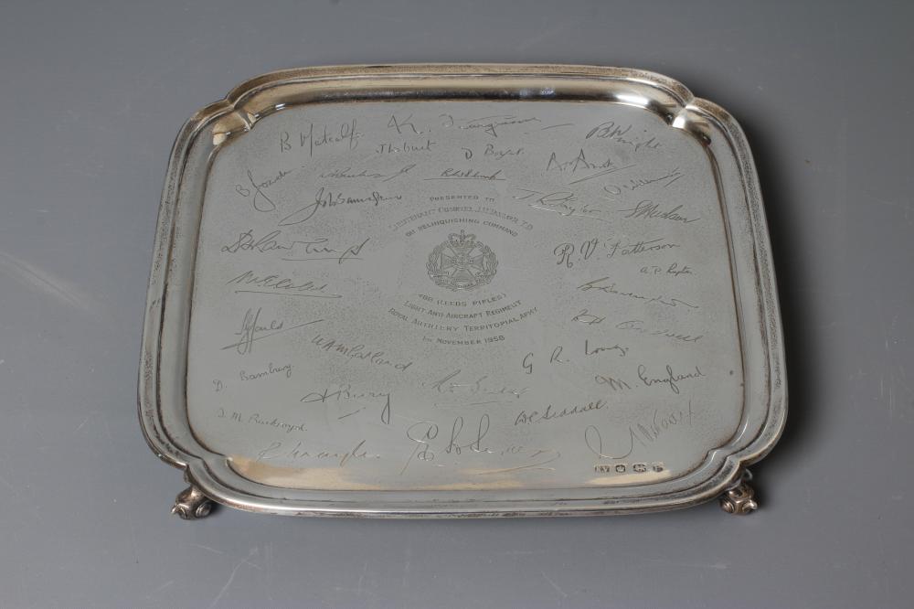 OF LEEDS RIFLES INTEREST - An Elizabeth II square silver salver by Viners Image