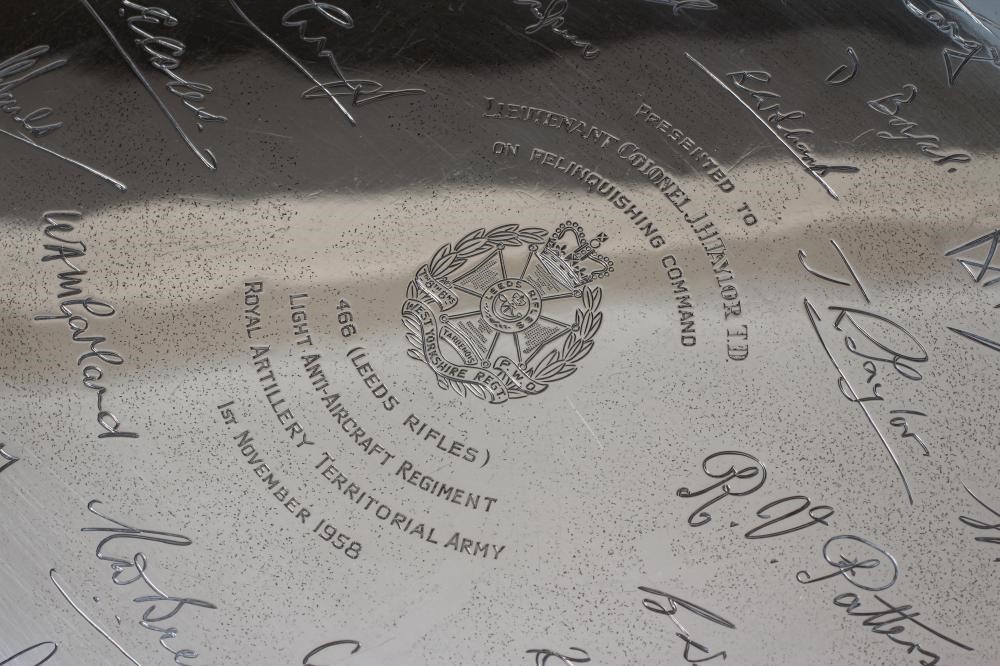 OF LEEDS RIFLES INTEREST - An Elizabeth II square silver salver by Viners Image