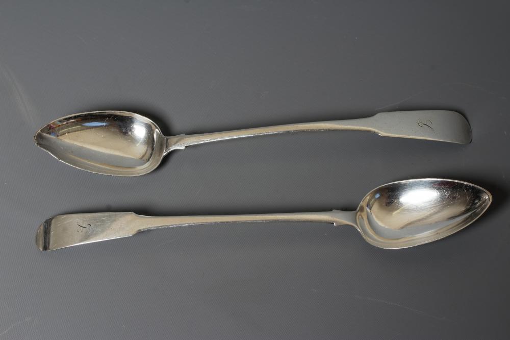 A PAIR OF LATE GEORGE III SCOTTISH SILVER FIDDLE PATTERN BASTING SPOONS, maker's mark DM, Edinburgh Image