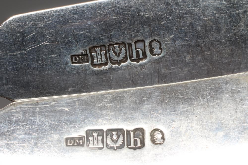 A PAIR OF LATE GEORGE III SCOTTISH SILVER FIDDLE PATTERN BASTING SPOONS, maker's mark DM, Edinburgh Image