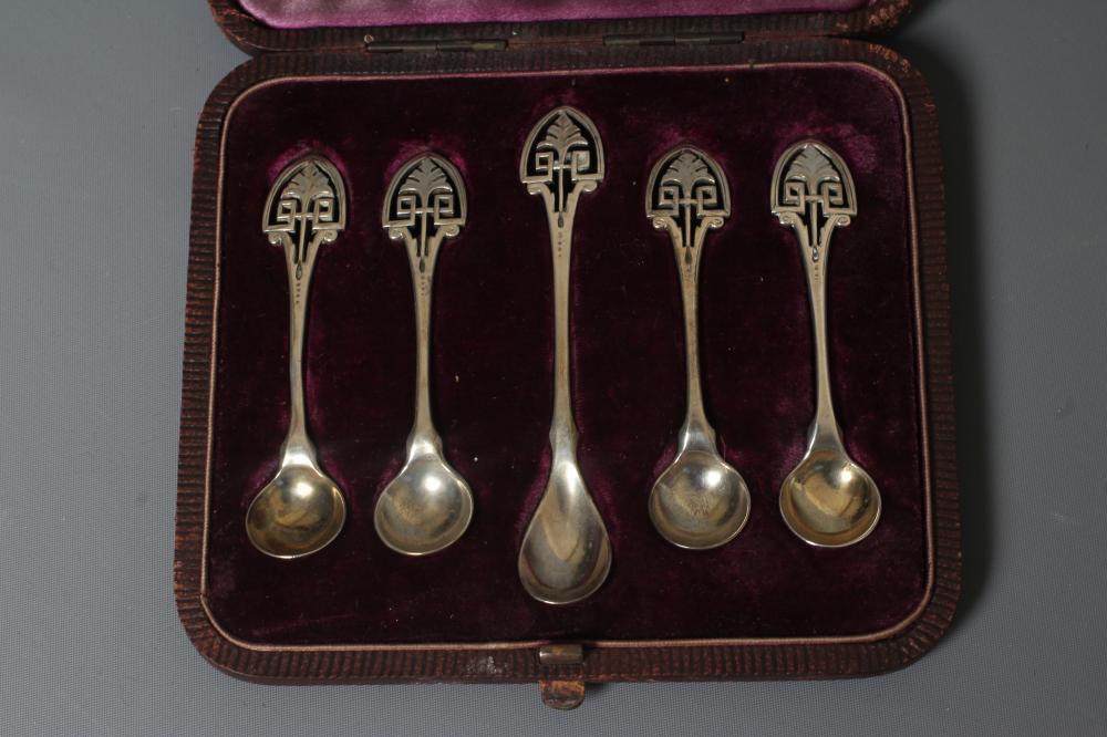A SET OF FOUR VICTORIAN SILVER SALT SPOONS AND A MATCHING MUSTARD SPOON by Jehoiada Alsop Rhodes Image