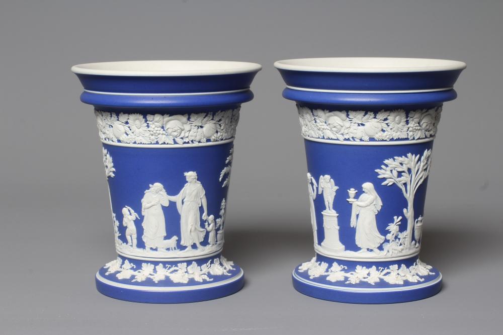 A PAIR OF VICTORIAN WEDGWOOD BLUE JASPER DIP BOUGH POTS of flared cylindrical form Image