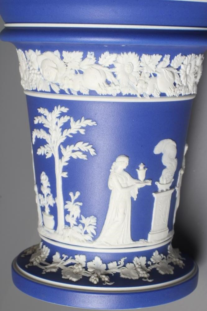 A PAIR OF VICTORIAN WEDGWOOD BLUE JASPER DIP BOUGH POTS of flared cylindrical form Image