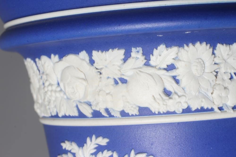 A PAIR OF VICTORIAN WEDGWOOD BLUE JASPER DIP BOUGH POTS of flared cylindrical form Image