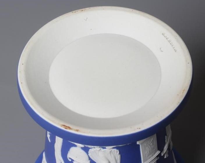 A PAIR OF VICTORIAN WEDGWOOD BLUE JASPER DIP BOUGH POTS of flared cylindrical form Image