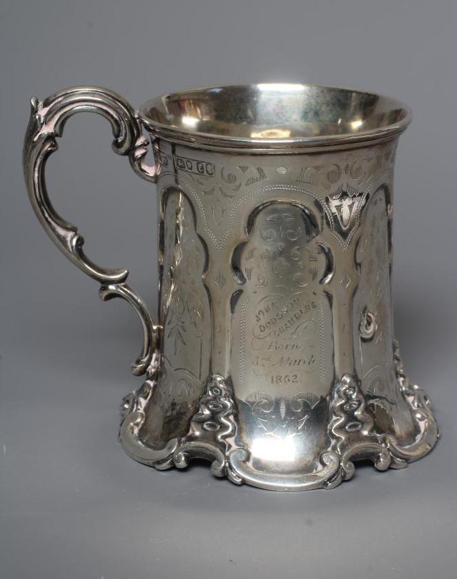 A MID VICTORIAN SILVER GOTHIC CHRISTENING MUG by Robert Harper Image