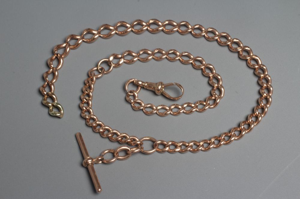 A 9CT GOLD ALBERT CHAIN, the graduating curb links with dog-clip fastener and bar, 19" long overall, Image