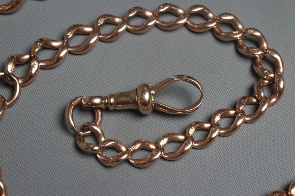 A 9CT GOLD ALBERT CHAIN, the graduating curb links with dog-clip fastener and bar, 19" long overall, Image