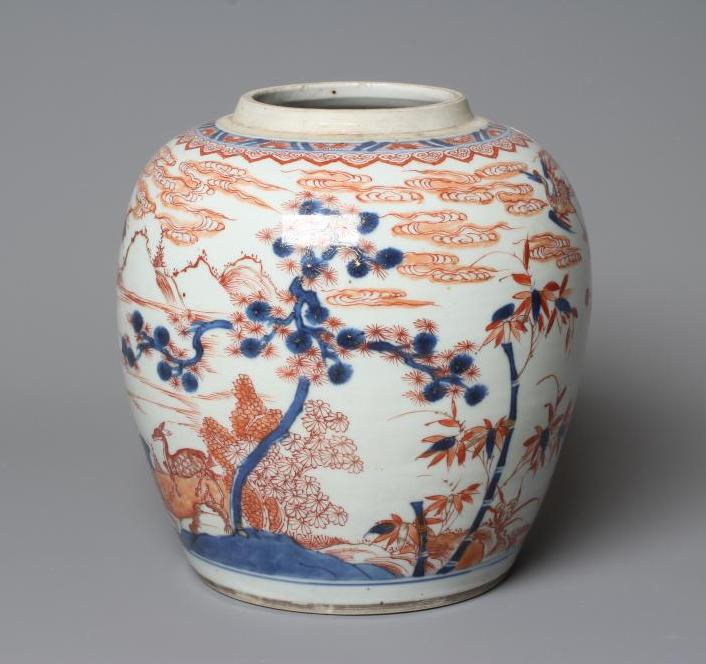 A CHINESE IMARI PORCELAIN JAR painted in underglaze blue and over painted in iron red and burnt Image