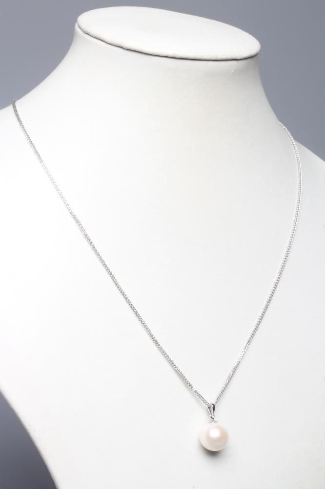 A CULTURED PEARL DROP PENDANT with platinum mount, on a platinum chain necklace with spring ring Image