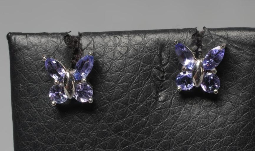 A PAIR OF TANZANITE BUTTERFLY EAR STUDS set in white metal stamped 10K Mexico (Est. plus 24% premium Image