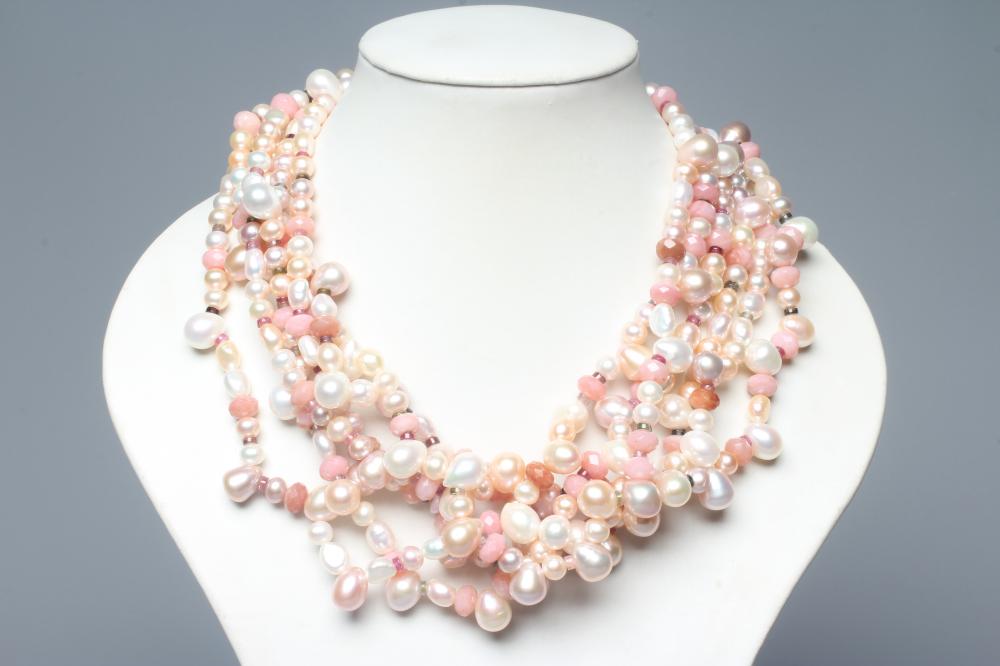 A MODERN FRESHWATER PEARL TORSADE NECKLACE with Peruvian pink opal and tourmaline bead spacers, the Image