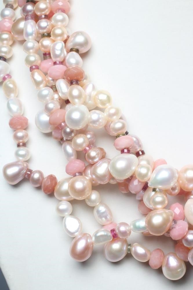 A MODERN FRESHWATER PEARL TORSADE NECKLACE with Peruvian pink opal and tourmaline bead spacers, the Image