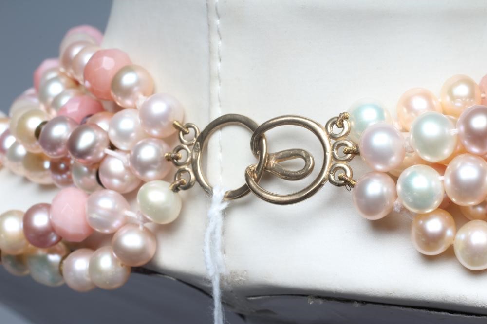 A MODERN FRESHWATER PEARL TORSADE NECKLACE with Peruvian pink opal and tourmaline bead spacers, the Image