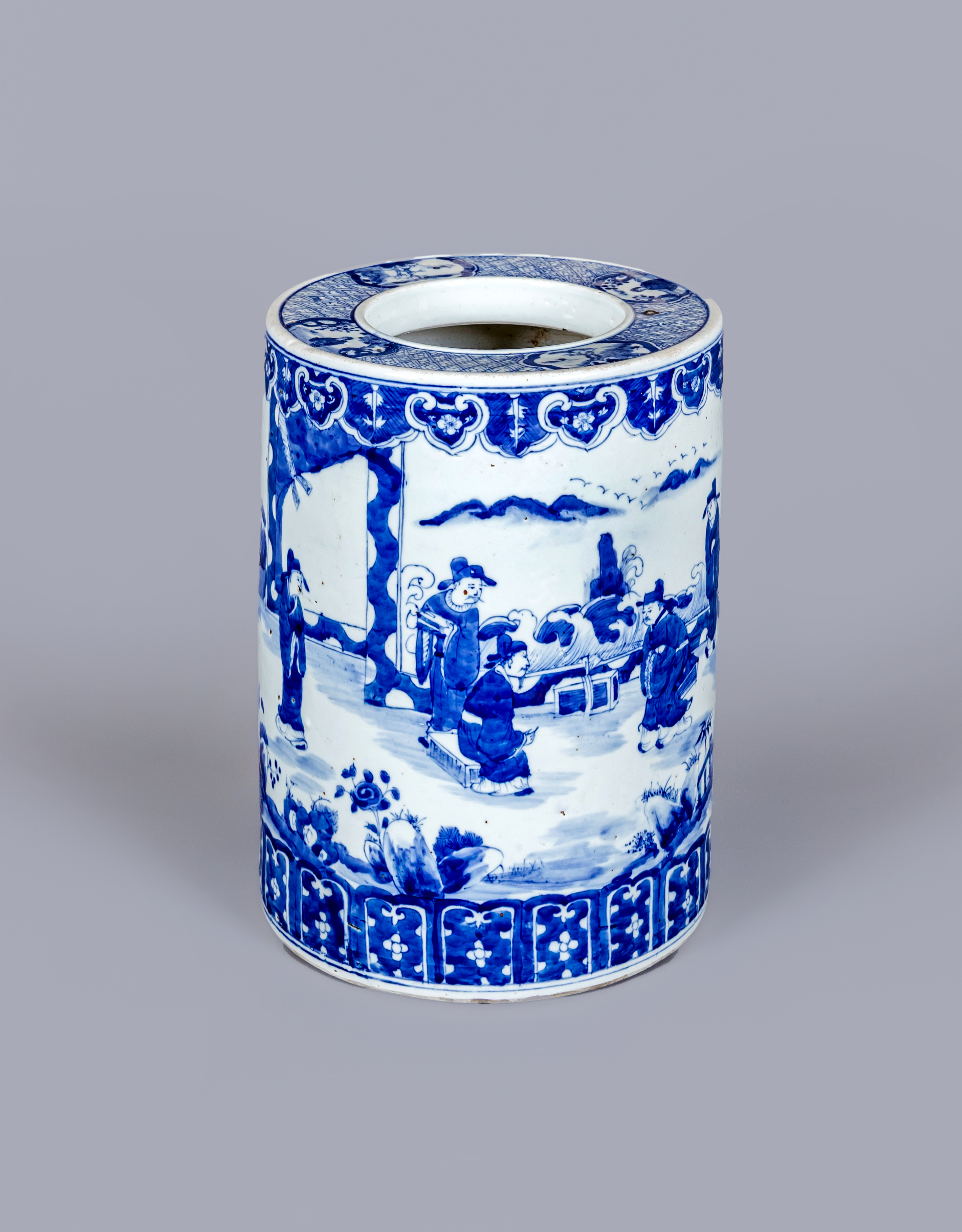 A CHINESE PORCELAIN CYLINDRICAL LARGE VASE painted in underglaze blue with a continuous scene of Image