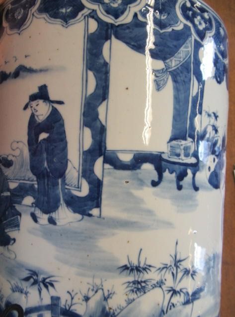 A CHINESE PORCELAIN CYLINDRICAL LARGE VASE painted in underglaze blue with a continuous scene of Image