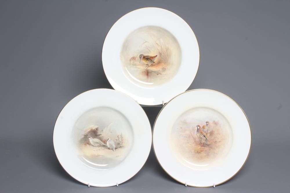 JAMES STINTON - THREE ROYAL WORCESTER PORCELAIN CABINET PLATES centrally painted with 'Woodcock' Image