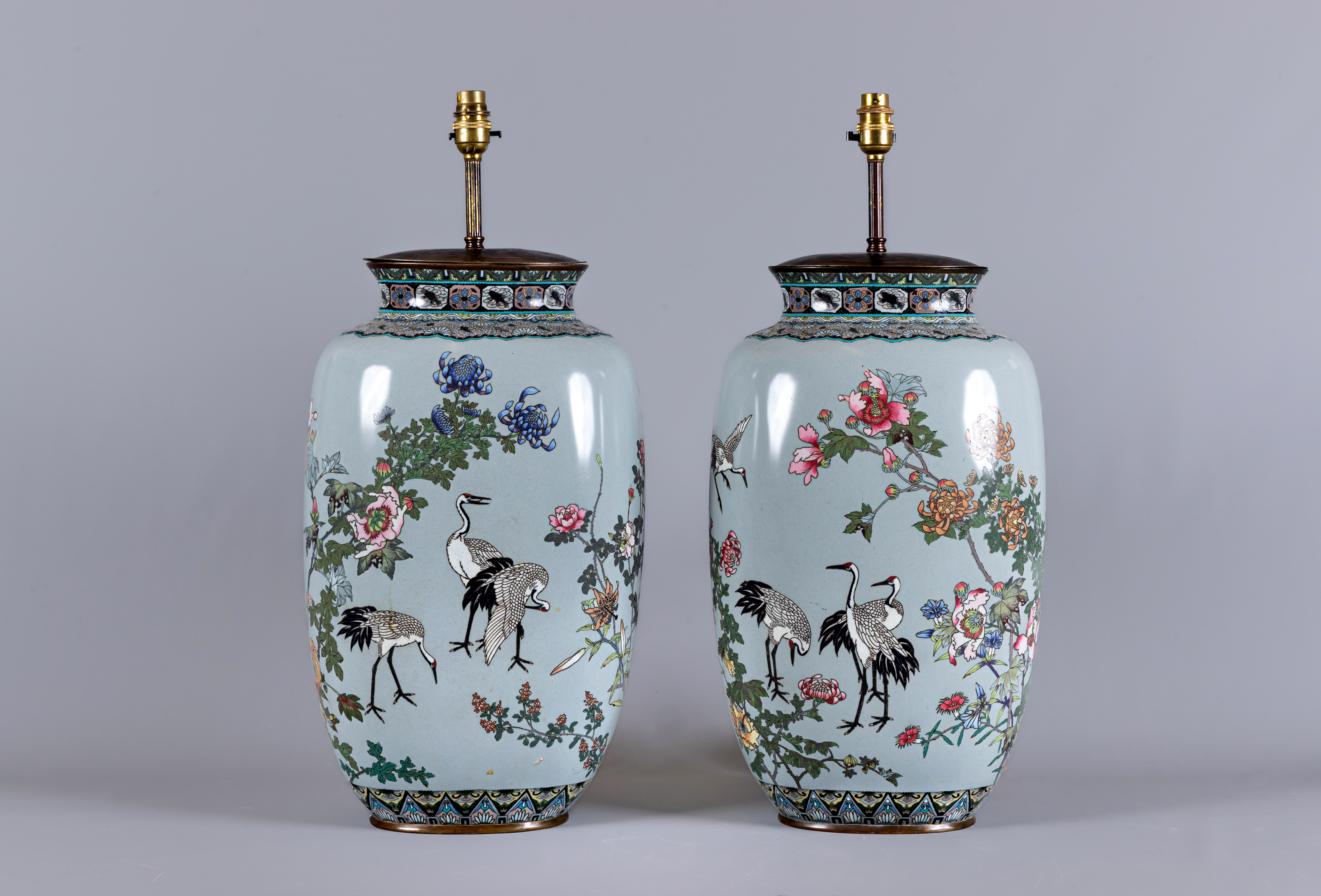 A LARGE PAIR OF CHINESE CLOISONNE ENAMEL VASES of flattened oval section Image