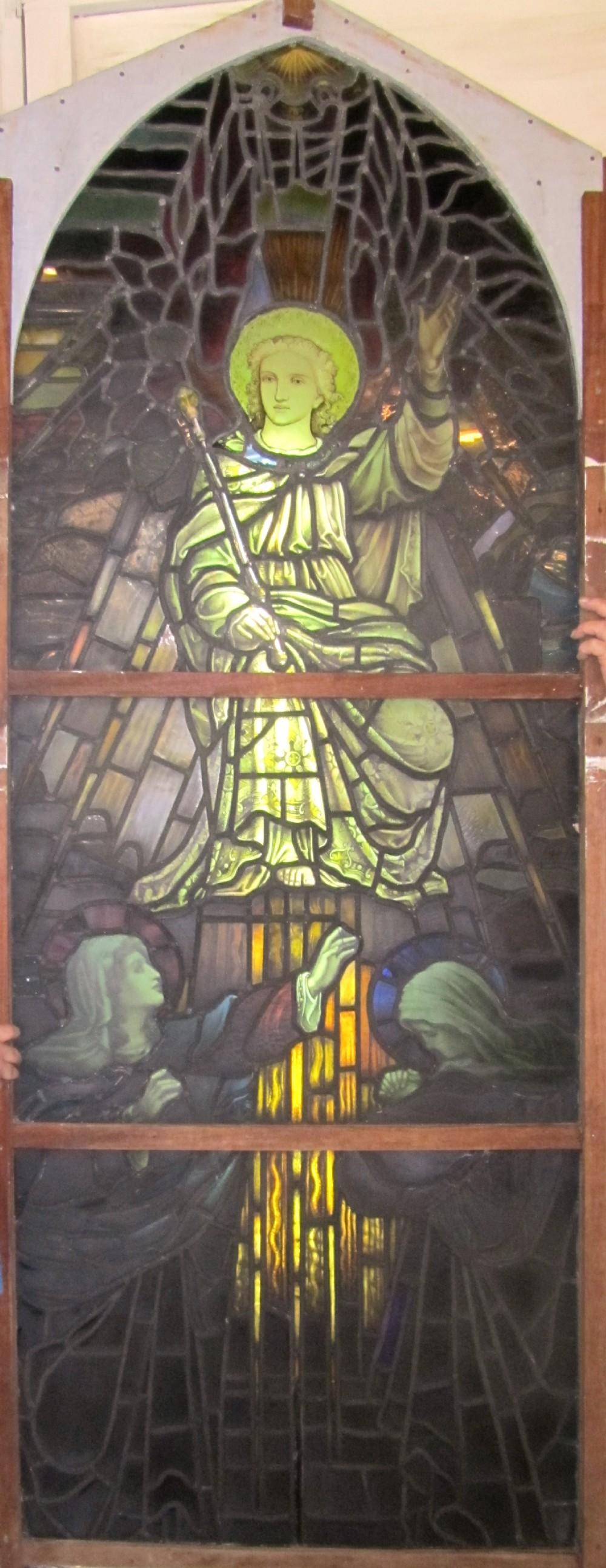 A VICTORIAN PRE-RAPHAELITE STYLE PAINTED AND STAINED LEADED ARCHED GLASS PANEL depicting Jesus on Image