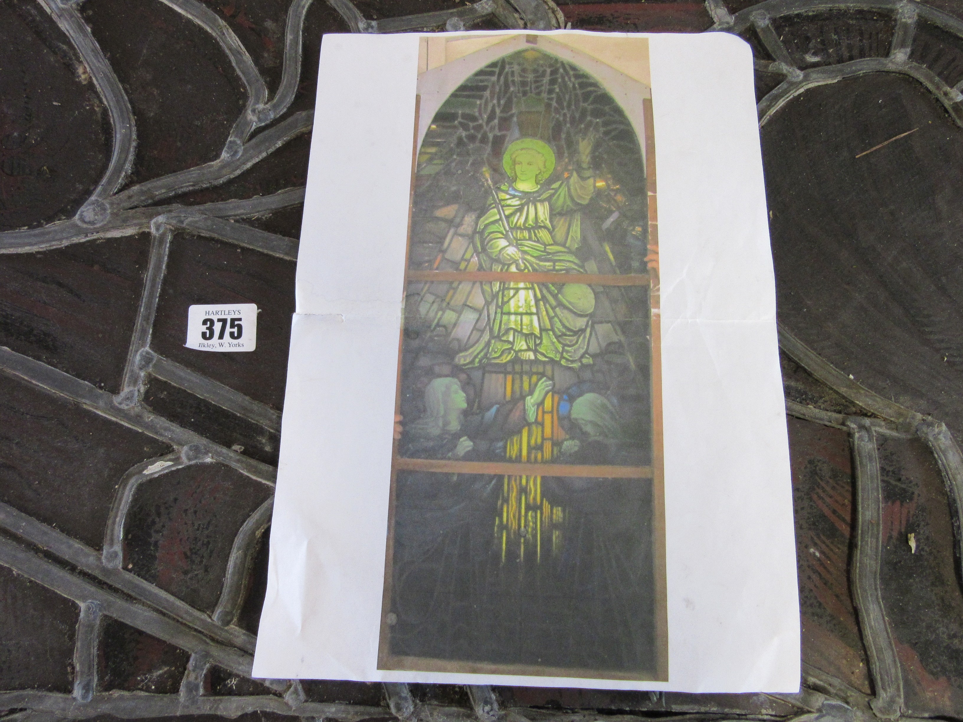 A VICTORIAN PRE-RAPHAELITE STYLE PAINTED AND STAINED LEADED ARCHED GLASS PANEL depicting Jesus on Image