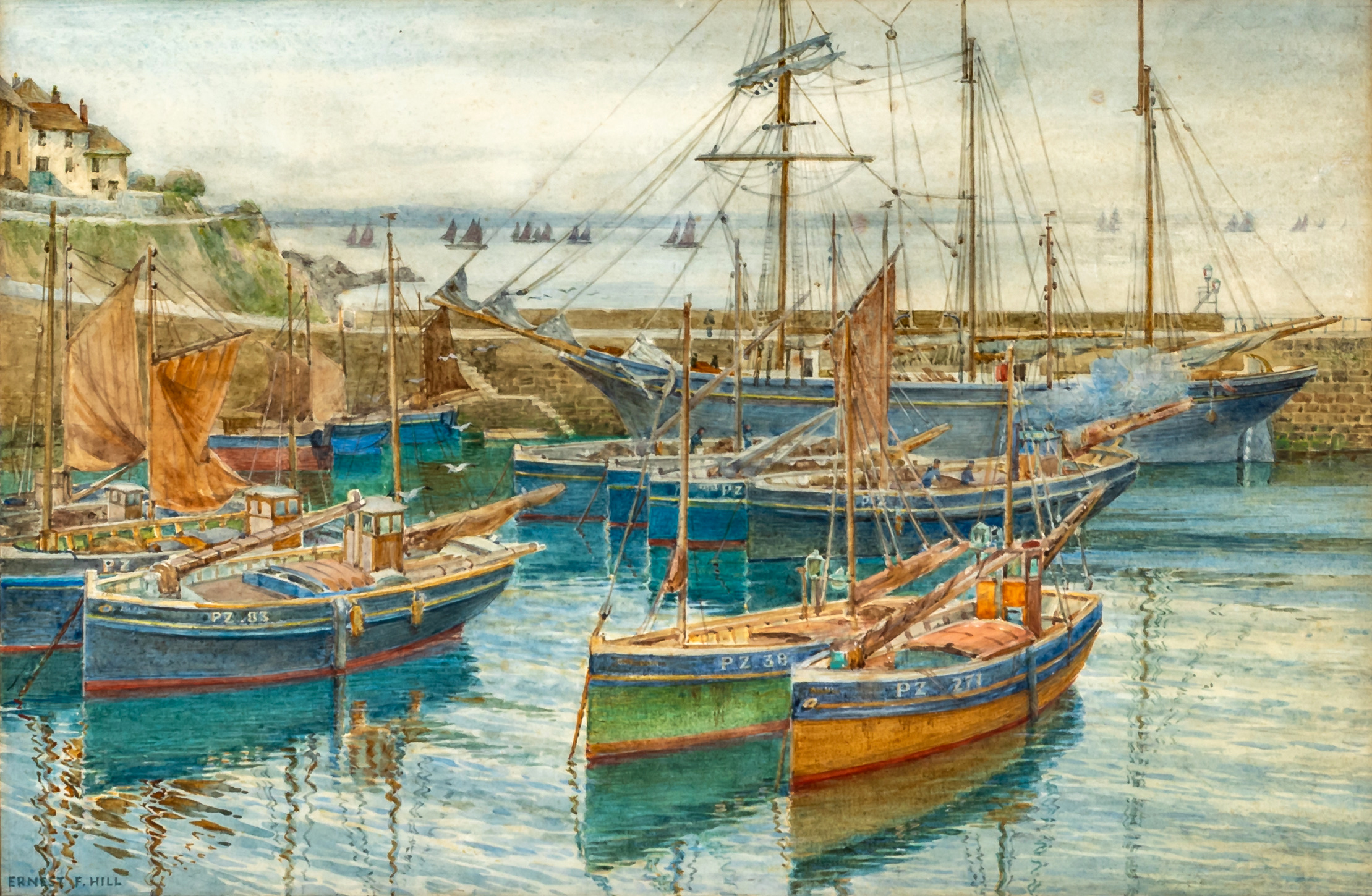 ERNEST F HILL RBSA (act.1897-1940) Mousehole Harbour, signed lower left, watercolour, 9 3/4" x 14 Image